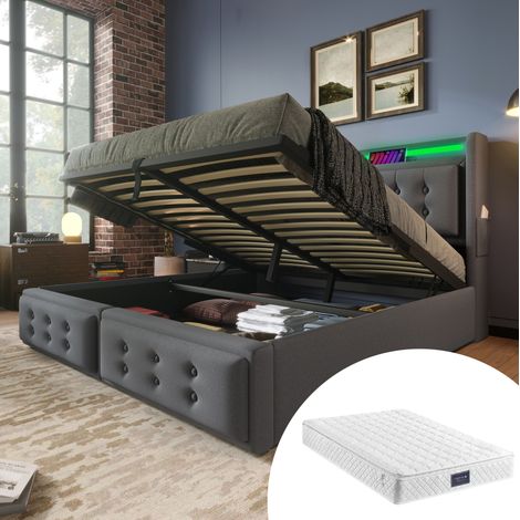 Lit coffre 160x200 LED USB tissu gris avec matelas HAVRYA (1/5)