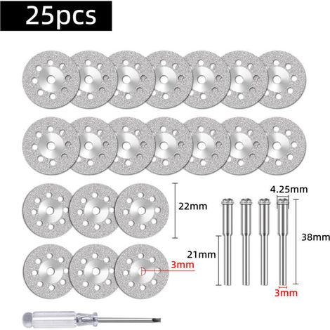 Lot de 25 meules diamantées (22 mm) avec mandrin 402 (3 mm) 5 pièces et tournevis pour outil rotatif Dremel Pierre Disque de coupe de verre (1/4)
