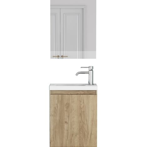 Mobile bagno sospeso 40 cm effetto legno con lavabo in ceramica e specchio, MDF (1/4)