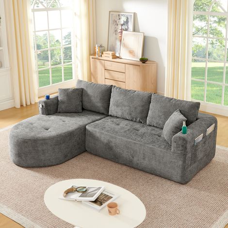Ecksofa L-Form Grau aus Stoff mit Edelstahl-Becherhalter, Seitentaschen und montagefreiem Design (1/5)
