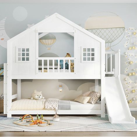 Letto a castello in legno bianco 90x200 cm con scivolo, scala e testiera con finestra e tetto