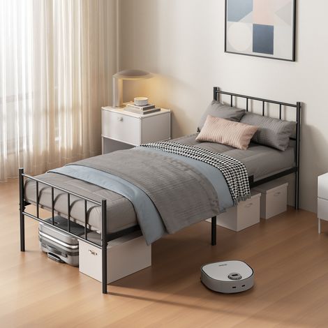 Estructura de cama metálica 90 × 200 cm con somier, Ideal para una o dos personas, Incluye cabecero, Fácil montaje