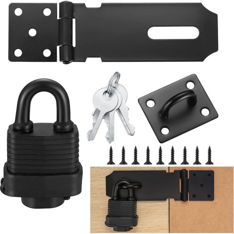 Kit de moraillon de cadenas avec cadenas et vis, loquet de sécurité pour chambre à coucher, jardin, abri de jardin, garage, porte d'armoire (noir) (1/5)