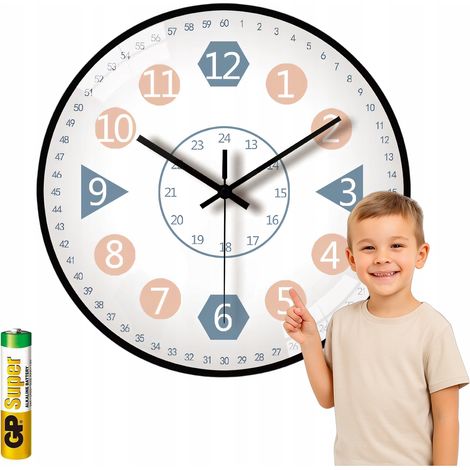 Wanduhr zum Lernen der Zeit für Kinder, geräuschlos, 25 cm, + kostenlose Batterie