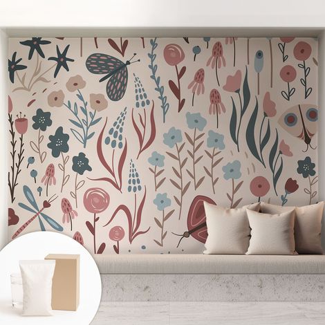 Tapete Vliestapete mit Kleber - Wanddekoration - Wandfolie - 3D Tapete Wand - Wohnungsdeko Blumen und Insekten 208x146 cm (1/5)