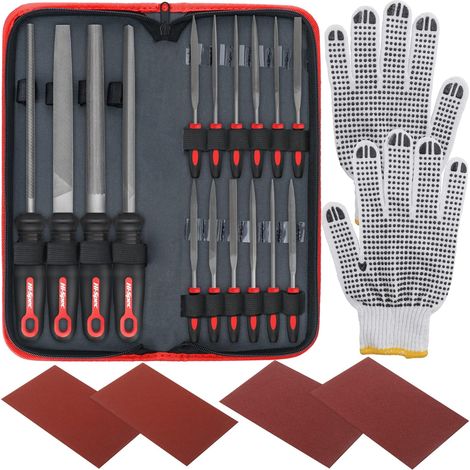 Set di strumenti per lime manuali e lime ad ago in metallo da 16 pezzi. Lime piatte, semitonde e triangolari grandi e piccole in acciaio al carbonio mini T12. Viene fornito con una custodia per il tra (1/5)