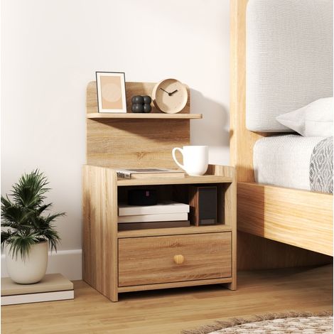 Comodino 40x35x66 cm, con cassetto e vano aperto, design antiribaltamento, legno naturale (1/5)