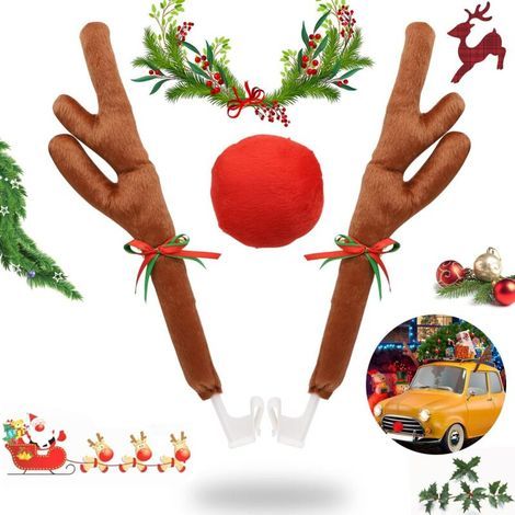 Reindeer Wood for Car Decoration, Christmas Reindeer Rudolf Antlers Nose for Christmas Car Decoration, Car Accessories Vehicle Funny Christmas Gifts, with Bells