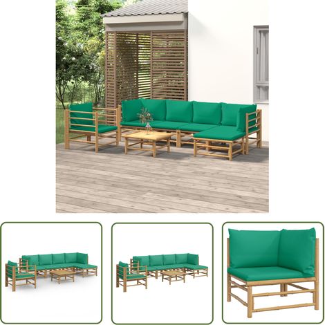The Living Store 7-tlg. Garten-Lounge-Set mit Grünen Kissen Bambus - Bambus Möbel - Gartenloungeset - Outdoor Möbel - Gartenmöbel - Esstisch (1/5)
