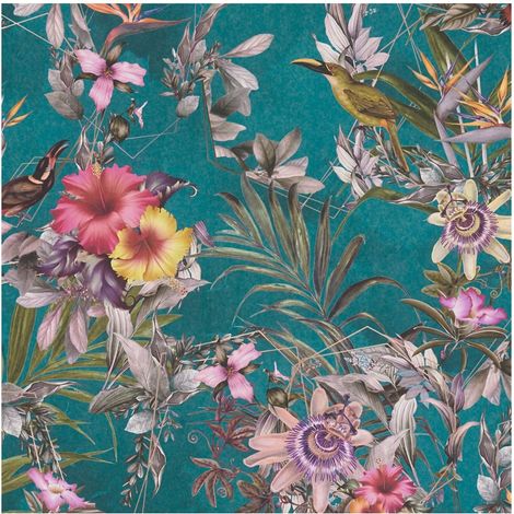 Flowers wallcovering wall Profhome 381783 smooth non-woven non-textured wallpaper with floral ornaments matt turquoise green pink orange yellow 5.33 m2 (1/5)