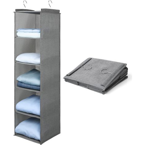 Étagère de penderie à Suspendre, Organisateur de Placard de Rangement Suspendu avec 5 Compartiments, Organisateur Suspendu avec Crochets en Métal Pliable et Gain de Place Système de Rangement (1/5)