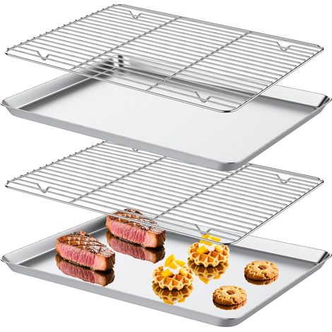 Teglia da forno con griglia di raffreddamento (2 padelle + 2 griglie, in acciaio inox con griglia da cucina, atossica e sana, antiruggine, facile da pulire e lavabile in lavastoviglie (1/5)