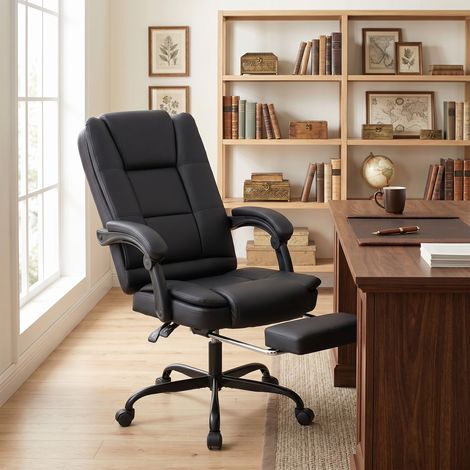 Chaise bureau ergonomique inclinable PU repose-pieds rétractable, hauteur réglable noir. Confort total pour vos longues journées de travail épuisantes. (1/5)