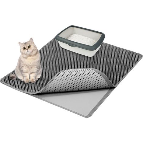 Tapis de Litière pour Chat Double Couche Imperméable Tapis de Sol pour Litière Design Nid d'Abeille Piégeage des Grains de Litière 90x55cm Gris (1/5)