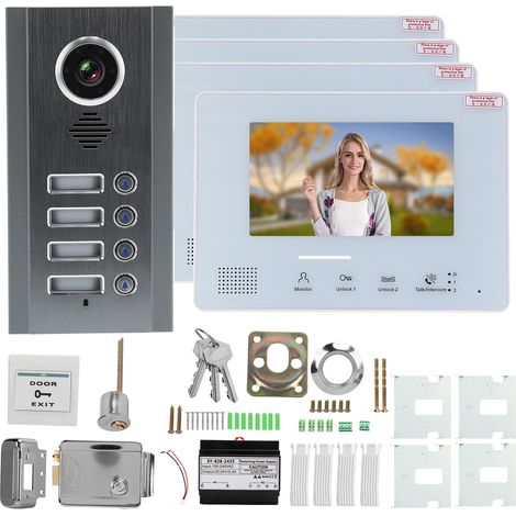 Kit vidéophone bus 2 fils, vision nocturne, serrure électrique pour maison/appartement AC 100-240V, 4 moniteurs SY828NMJA4 (1/5)