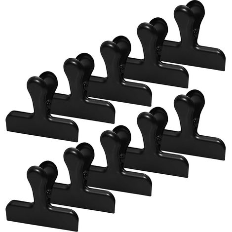 10 Stück Edelstahlclips, Verschlussclips für Lebensmittelbeutel und Verpackungsbeutel zum Verschließen und Frischhalten (77 mm) (Schwarz) (1/5)