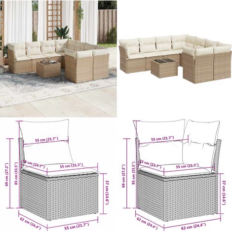 9-tlg. Garten-Sofagarnitur mit Kissen Beige Poly Rattan - Gartensortiment - Outdoor Möbel - Lounge Set - Rattan Sofa - Gartenlounge - Home & Living