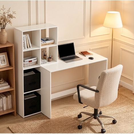MEUBLIV Schreibtisch mit Regal 140,5 x 50 x 134 cm Weiß, 2 Aufbewahrungsboxen (1/4)