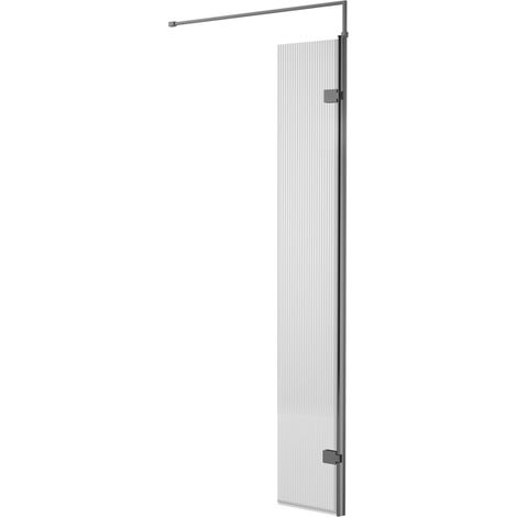 Nuie Fluted Wet Room Hinged Return Panel 1850mm High x 300mm Wide with Support Bar 8mm Glass - Brushed Pewter (1/2)