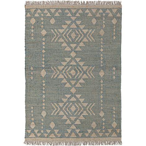 Tapis bleu classique en jute et laine finition brillante - Bleu profond naturel et beige (1/5)