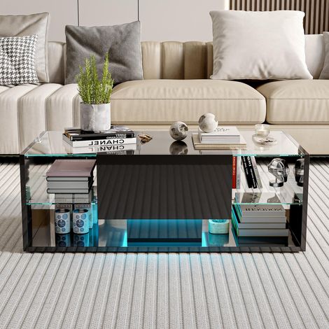 Couchtisch 100 x 50 x 35 cm mit App-gesteuerter LED, 4 Ablagen aus Hartglas, modern, Schwarz