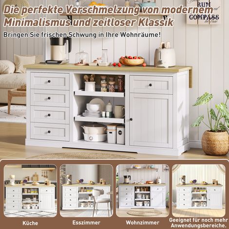 Enfilade, îlot de cuisine, bar avec 5 tiroirs, 2 tablettes coulissantes, plateau extensible et prises intégrées 150 x 65 x 75 cm pour cuisine, salle à manger et salon, Blanc