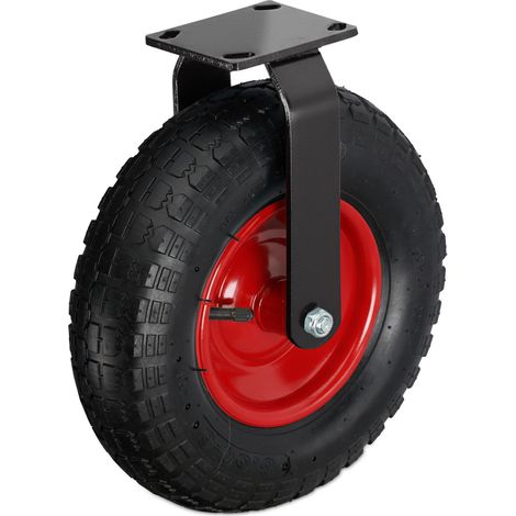 Relaxdays fixed castor, 3.50-4, 120 kg load, pneumatic rubber tyre, steel mounting plate, heavy-duty, black/red