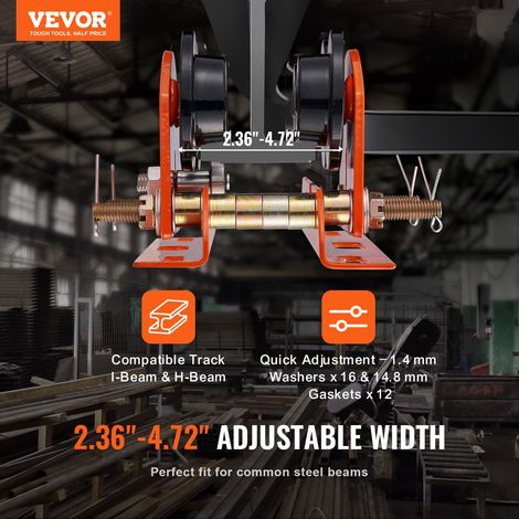 Chariot Porte Palan Électrique Capacité Charge 0,5 T Chariot à Poutre Poussée Acier Allié Largeur Réglable 60-120 mm avec Roues pou… (1/5)