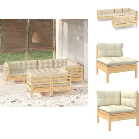 7-tlg. Garten-Lounge-Set mit Creme Kissen Massivholz Kiefer - Garten Lounge Set - Esszimmergarnitur - Outdoor Möbel - Gartentisch - Gartenstuhl (1/5)