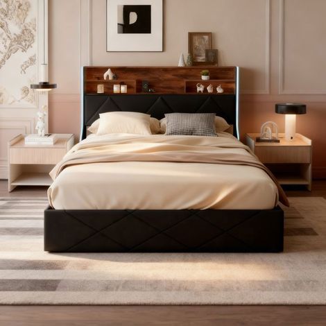 Lit coffre - POCKETPOP - 140x190 - PU negro - LED integrada - Somier de lamas de madera (1/5)