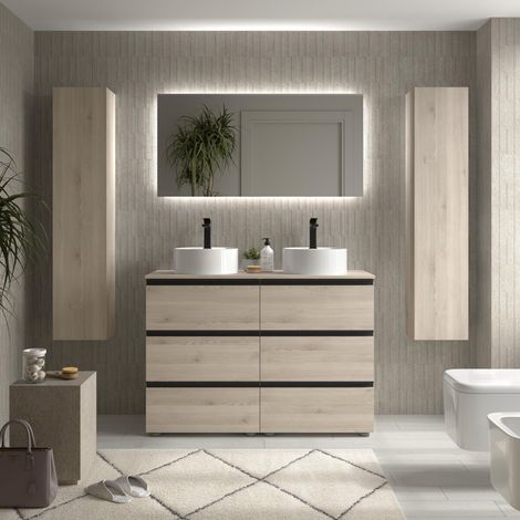 Meuble de salle de bain BEQUIA METAL 3C 120cm Naturel Vasque à poser Porcelaine Centrale (1/5)