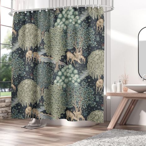 Rideau de douche bohème William Morris, rideaux de douche rustiques pour salle de bain, aquarelle, floral, feuilles, arbres, cerfs, avec 12 crochets, 180 x 180 cm (1/4)