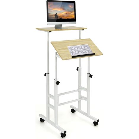 Costway – Bureau assis-debout réglable 72-124 cm – 2 niveaux avec roulettes – Plateau MDF et acier – Grand espace de travail 60 x 30 cm