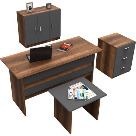 Ensemble Bureau 4 Pièces "Demetrius" 140cm Chêne Foncé & Gris (1/5)