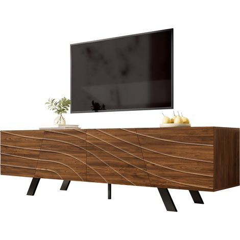 Meuble TV moderne avec façade ondulée – meuble bas aspect noyer avec pieds en fer noir, grand espace de rangement, gestion des câbles et étagère – Meuble TV pour salon, couloir (160×39×50,5 cm)