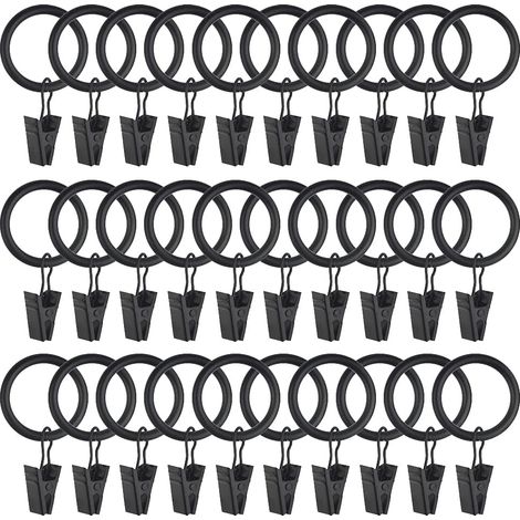 40 anneaux rideaux pinces noires, crochets 1 pouce