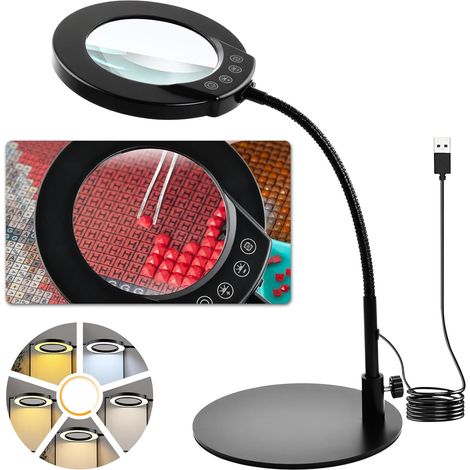 10X Loupe avec lumière et Support, LED Lampe de Bureau avec 5 Températures Couleur, Lampe loupe à intensité Variable, 360° Loupe pour la Lecture Les Personnes âgées Les Loisirs l'artisanat (1/5)