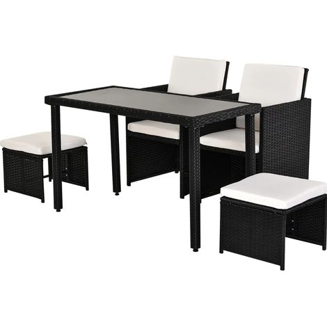 Set de jardín de poliratán negro, 11 piezas, con cojines y mesa de vidrio templado (1/5)