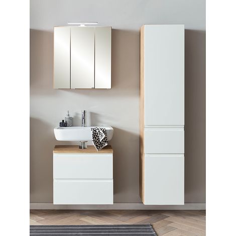 Badezimmer Set mit Aufsatzleuchte, stehend oder hängend, Wotan Eiche Nb. mit weiß matt, VASTO-03-WHITE, B/H/T ca. 115/200/35 cm (1/5)