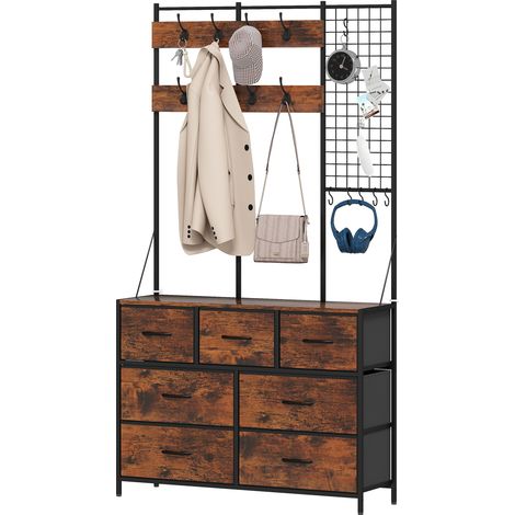 Armoire 4 en 1, porte-manteau, penderie avec 7 tiroirs en tissu et 14 crochets, 100 x 30 x 183 cm, marron rustique