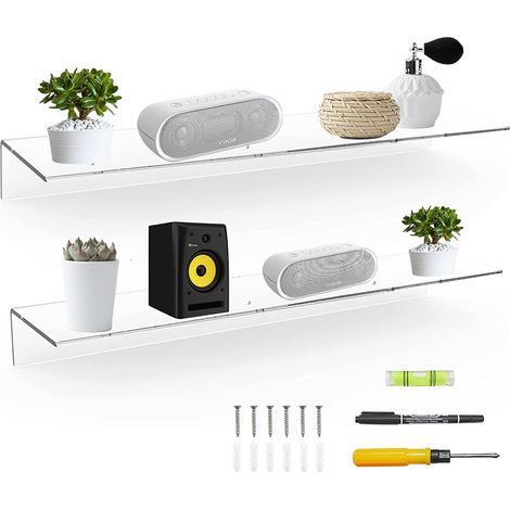 Lot de 2 étagères flottantes claires de 60 cm pour mur, étagère murale longue en acrylique, étagères murales pour plantes, enceintes, radio, peluche, livres, articles de toilette (1/5)
