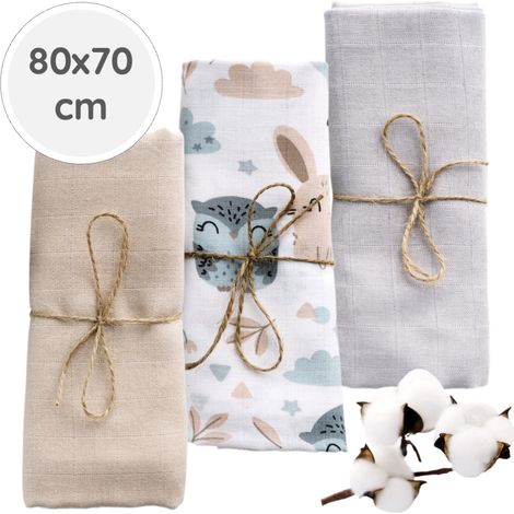 BabyU, Couches en mousseline hypoallergéniques, grandes et douces, lot de 3, 80 x 70 cm