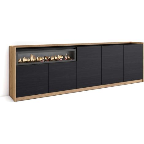 Aparador Benahavís-01 de 260x80x37 cm con 5 puertas, chimenea y luces LED, color negro y roble (1/4)