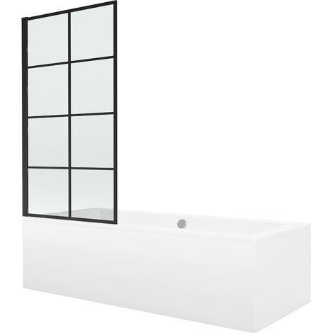 Mexen Cube vasca rettangolare 180 x 80 cm con pannellatura e paravento a 1 anta 80 cm, motivo nero fisso - 550518080X9308007077 (1/5)