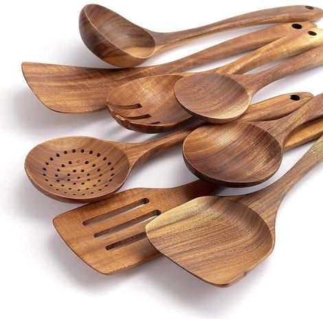 Küchenutensilien aus Holz – 8-teiliges Premium-Kochset – Leicht zu reinigendes Teakholz-Set – Leichtes, hitzebeständiges, langlebiges und kratzfestes Material – Crezuo