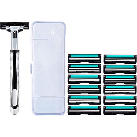 Rasoir de sécurité homme - Rasoir à double lame - Rasoir manuel jetable - Rasoir à barbe - 1 manche + 12 lames - Avec boîte de rangement pour support - Idéal voyage et usage quotidien - Noir (1/5)