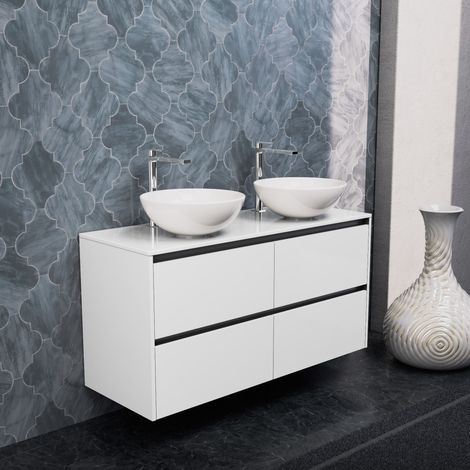 Inda - Badezimmerschrank 4 Schubladen B.120 mit Doppelwaschbecken / Hochglanzweiß - Smeraldo (1/5)