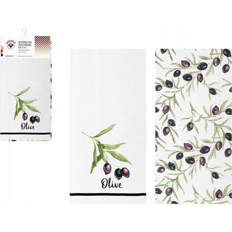 2 x Toalla de cocina de algodón NICOLE 40x60 cm art. 52394 aceitunas blancas con inscripción Olive