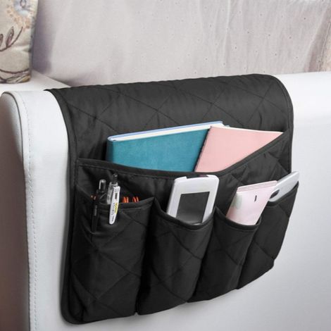 Pochette Organisatrice 5 Compartiments pour Canapé, Support Télécommande et Accessoires, Fixation sur Accoudoir, Tissu Résistant, Gris, Rangement Pratique pour Salon