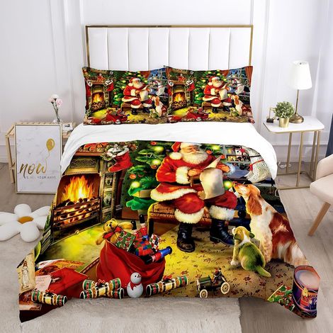 Housse de Couette Noël, 3D Christmas Ensemble de draps de lit avec 2 taies d'oreiller, Père Noël, Arbre de Noël, Cerfs, Cadeau de Noël pour Les Enfants Adolescents, 200x200cm (1/5)